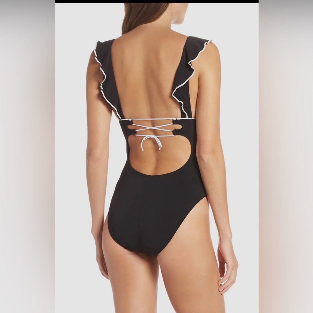Robin Piccone Women's Black Malia Ruffle Plunge One-Piece Swimsuit Size 10 - Picture 2 of 5